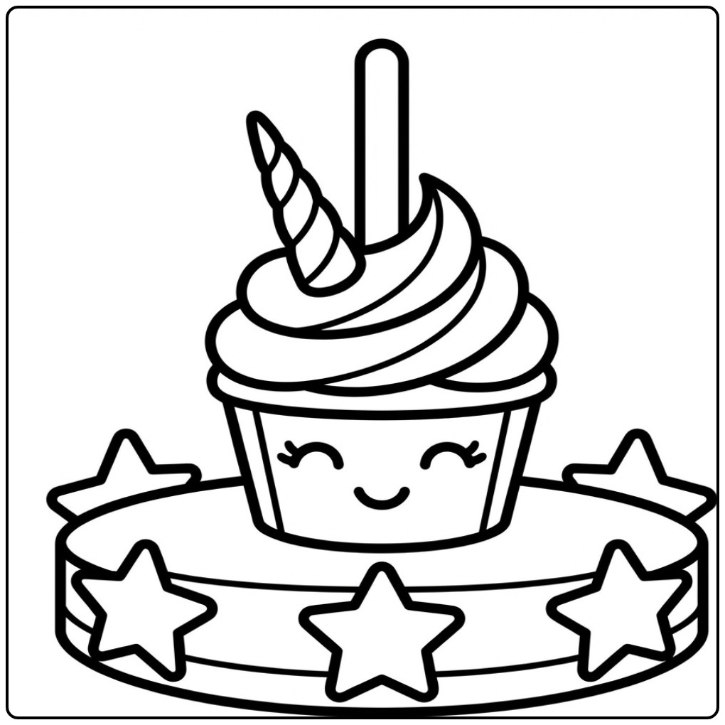 Magical Unicorn Cupcake a Cheerful Little Face coloring page