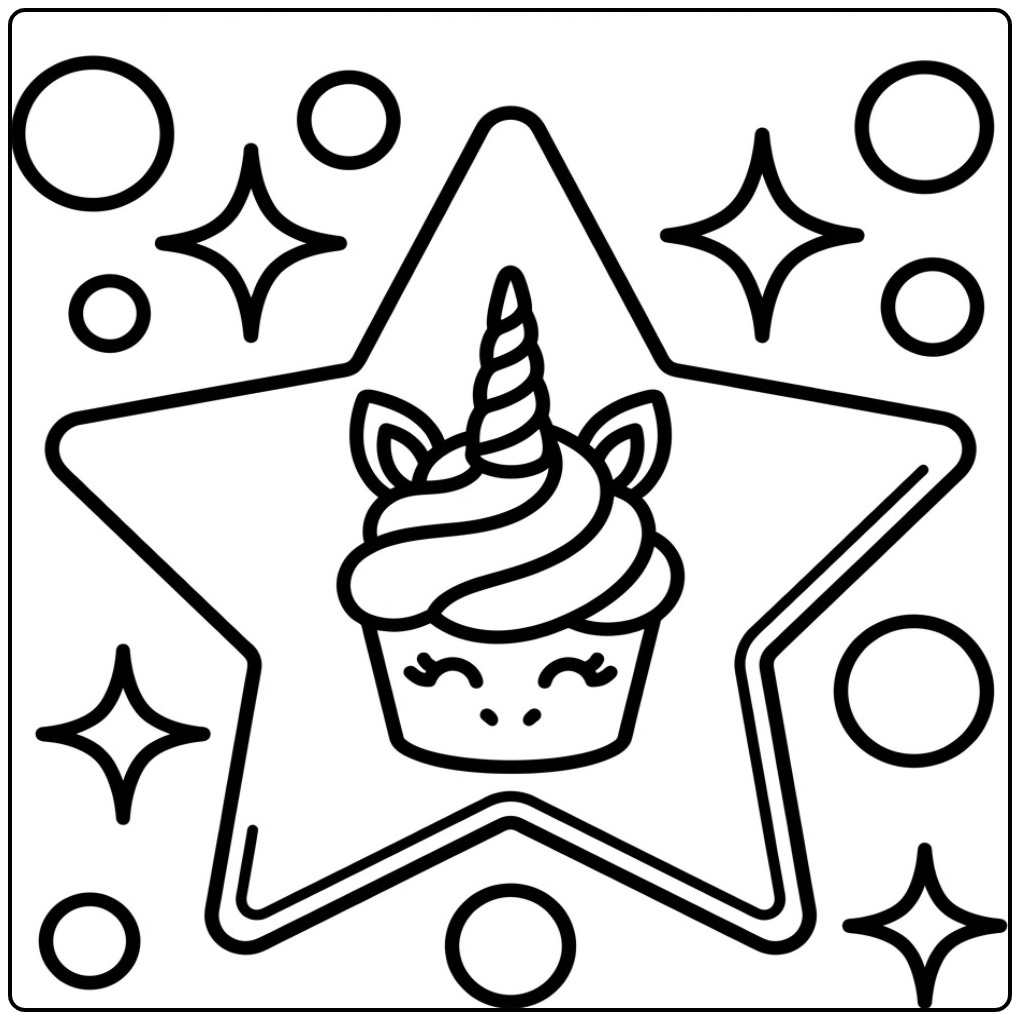 Magical Unicorn Cupcake Sparkling Stars coloring page