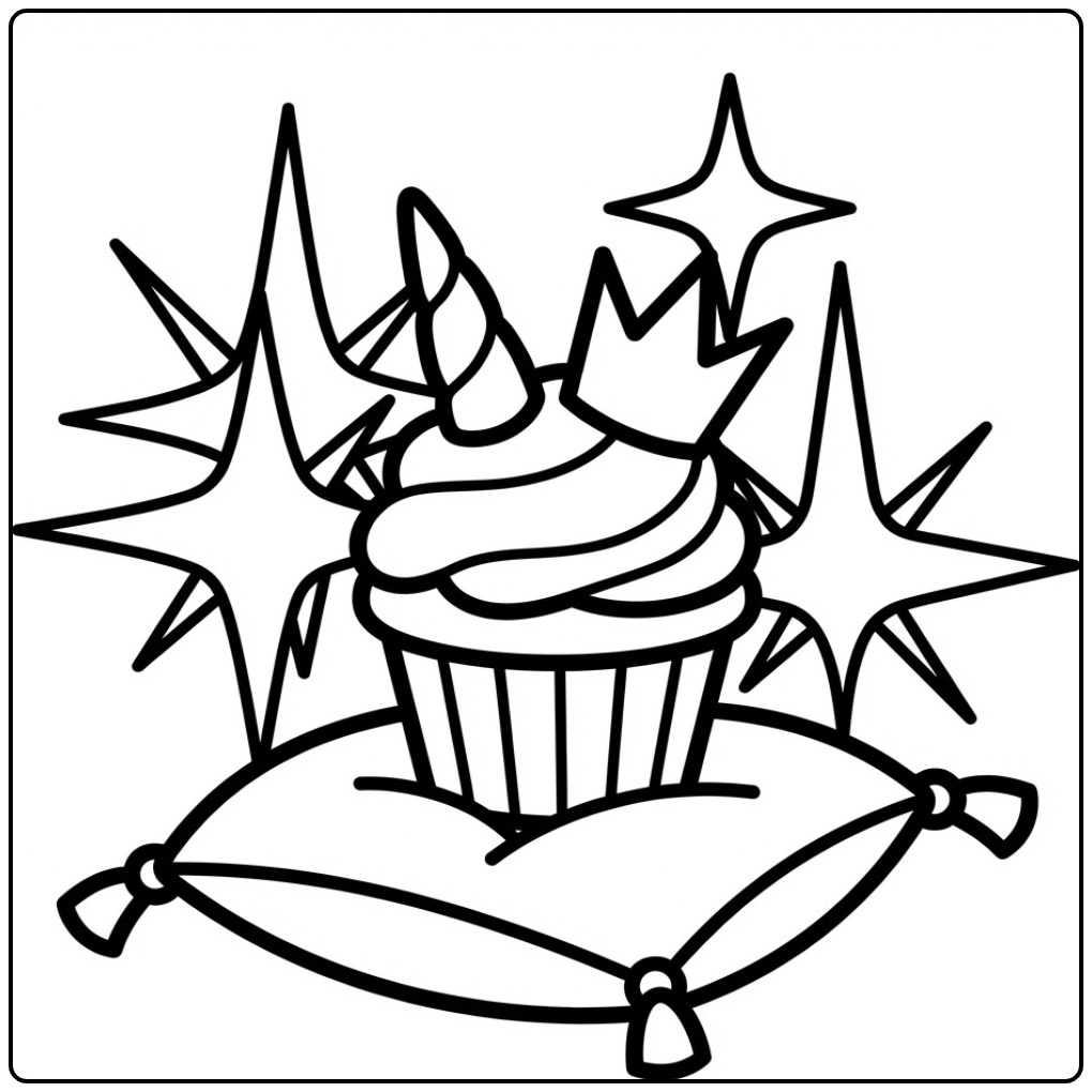 Magical Unicorn Cupcake Crown and Stars coloring page