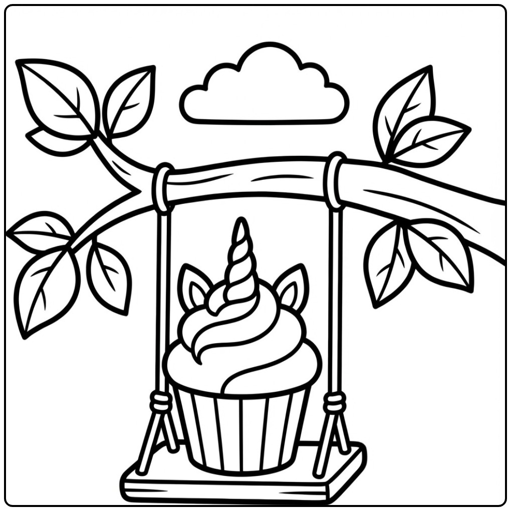 Magical Unicorn Cupcake on a Tree Branch Swing coloring page