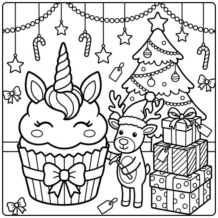 Magical Unicorn Cupcake for the Christmas Days coloring page