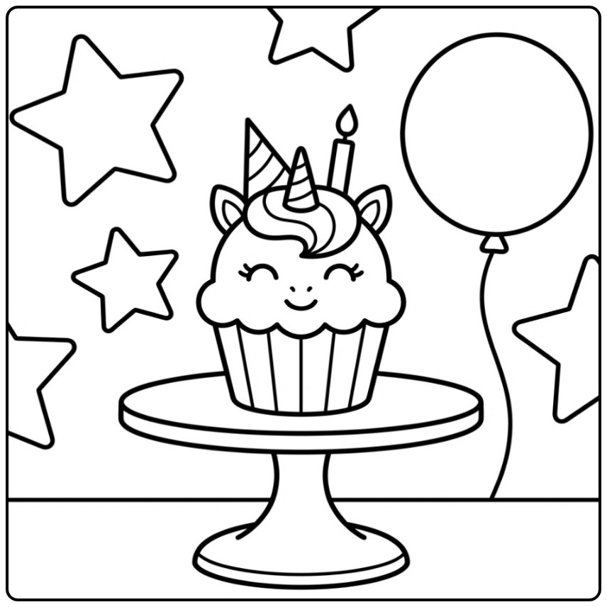Magical Unicorn Cupcake for a Party coloring page