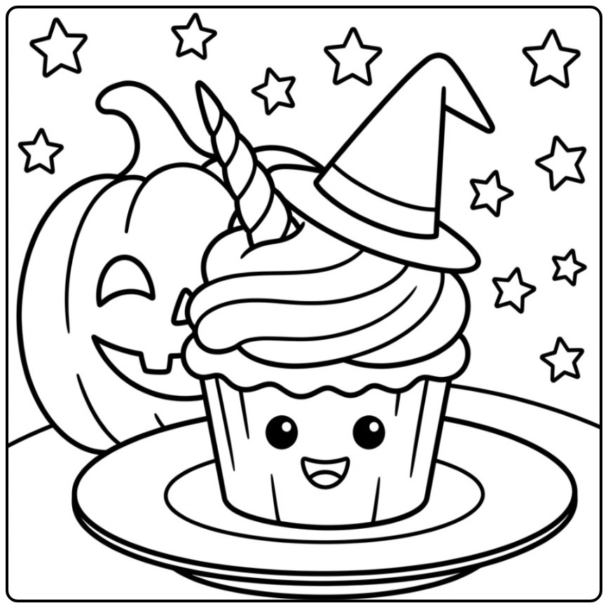 Magical Unicorn Cupcake for a Spooky Party coloring page