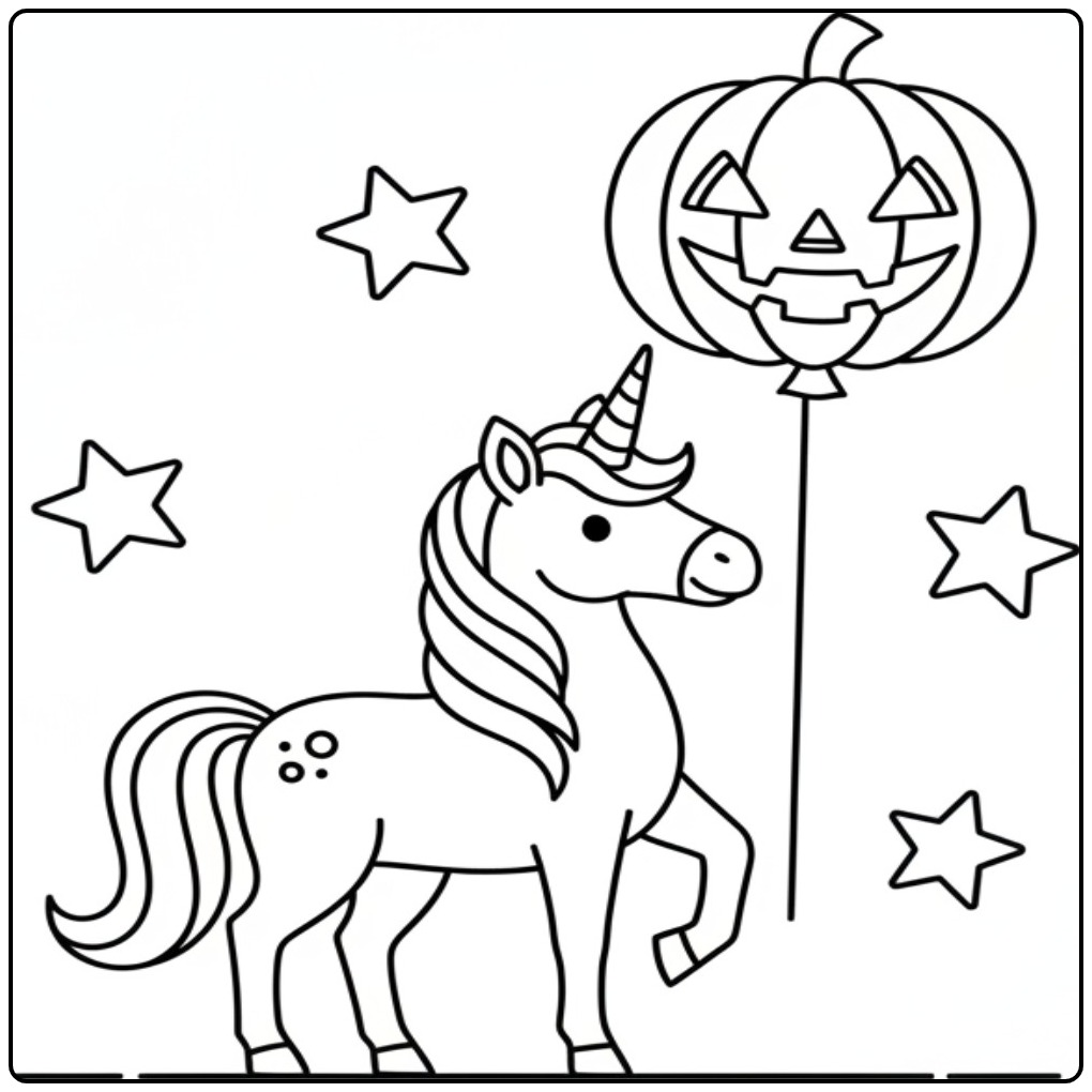Magical Unicorn Halloween and a Spooky Balloon coloring page