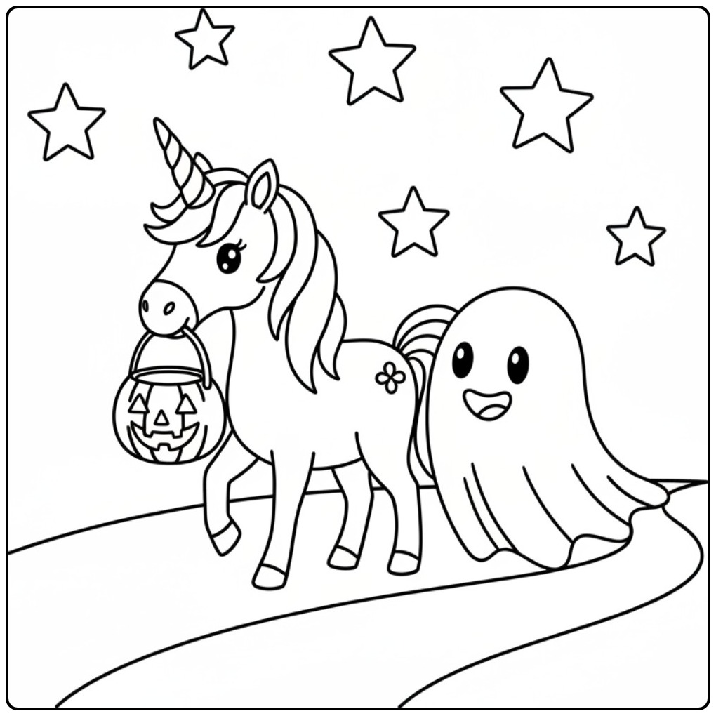 Magical Unicorn Halloween and a Cheerful Little Ghost coloring page