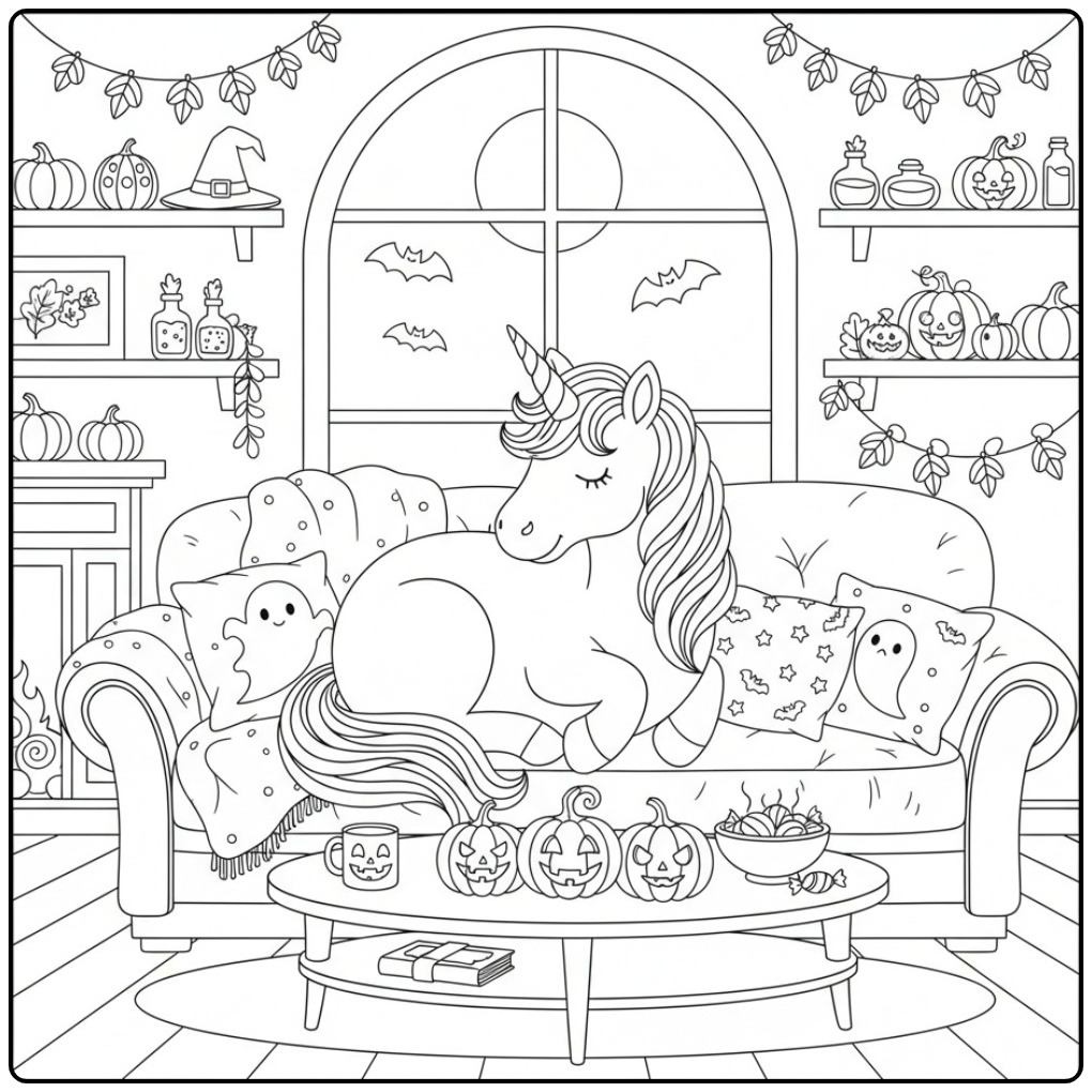 Magical Unicorn Halloween in a Scary Living Room coloring page