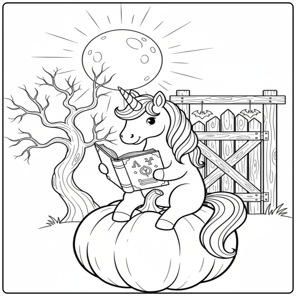 Magical Unicorn Halloween Reading a Spellbook coloring page