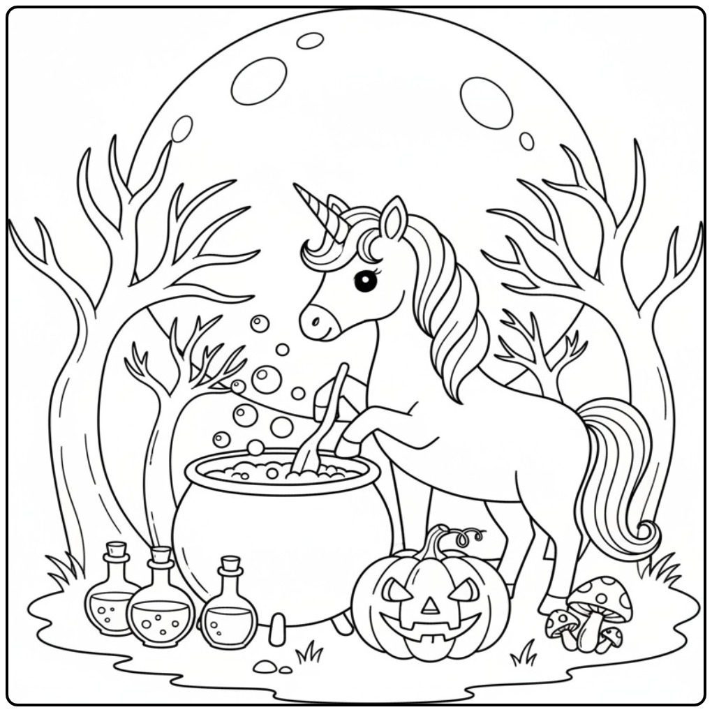 Magical Unicorn Halloween Pumpkin and Drinks coloring page