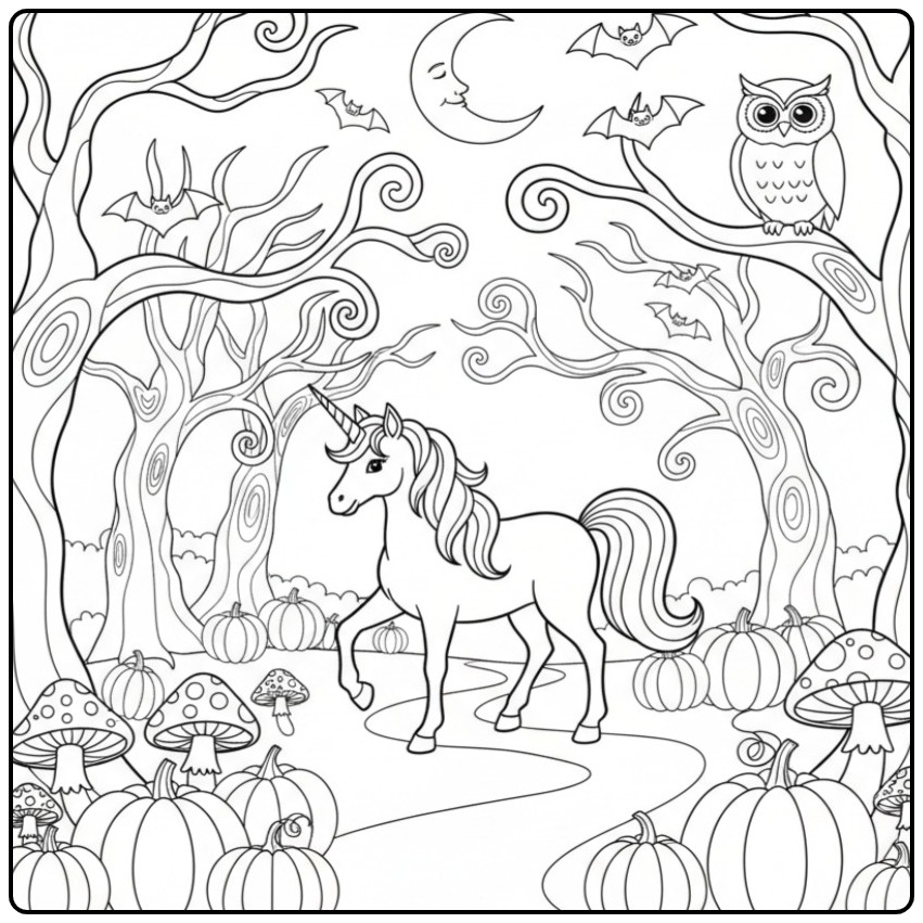 Magical Unicorn Halloween Pumpkins and Owl coloring page