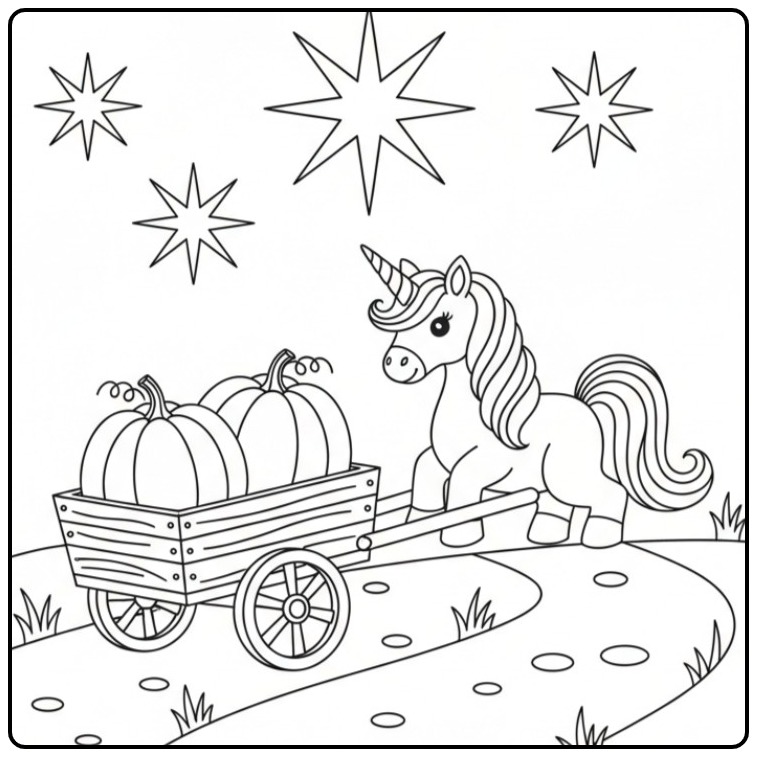 Magical Unicorn Halloween Stars and Pumpkins coloring page