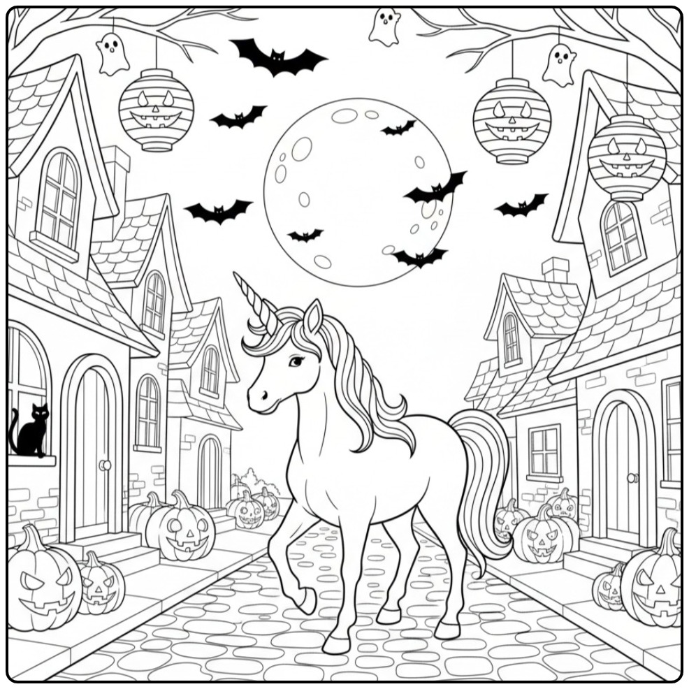 Magical Unicorn Halloween for a Griezelavond coloring page