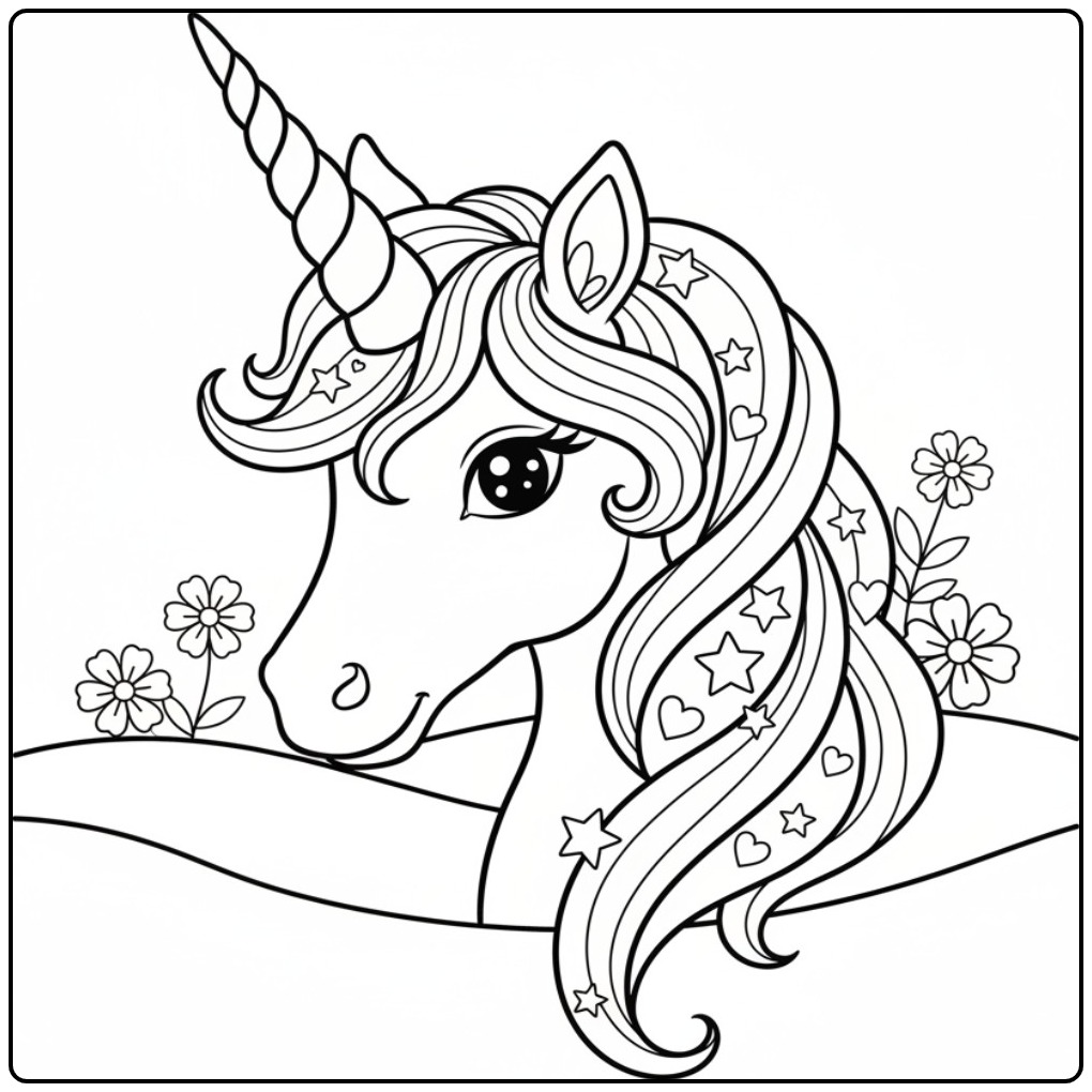 Magical Unicorn Horn Flowers and Hearts coloring page