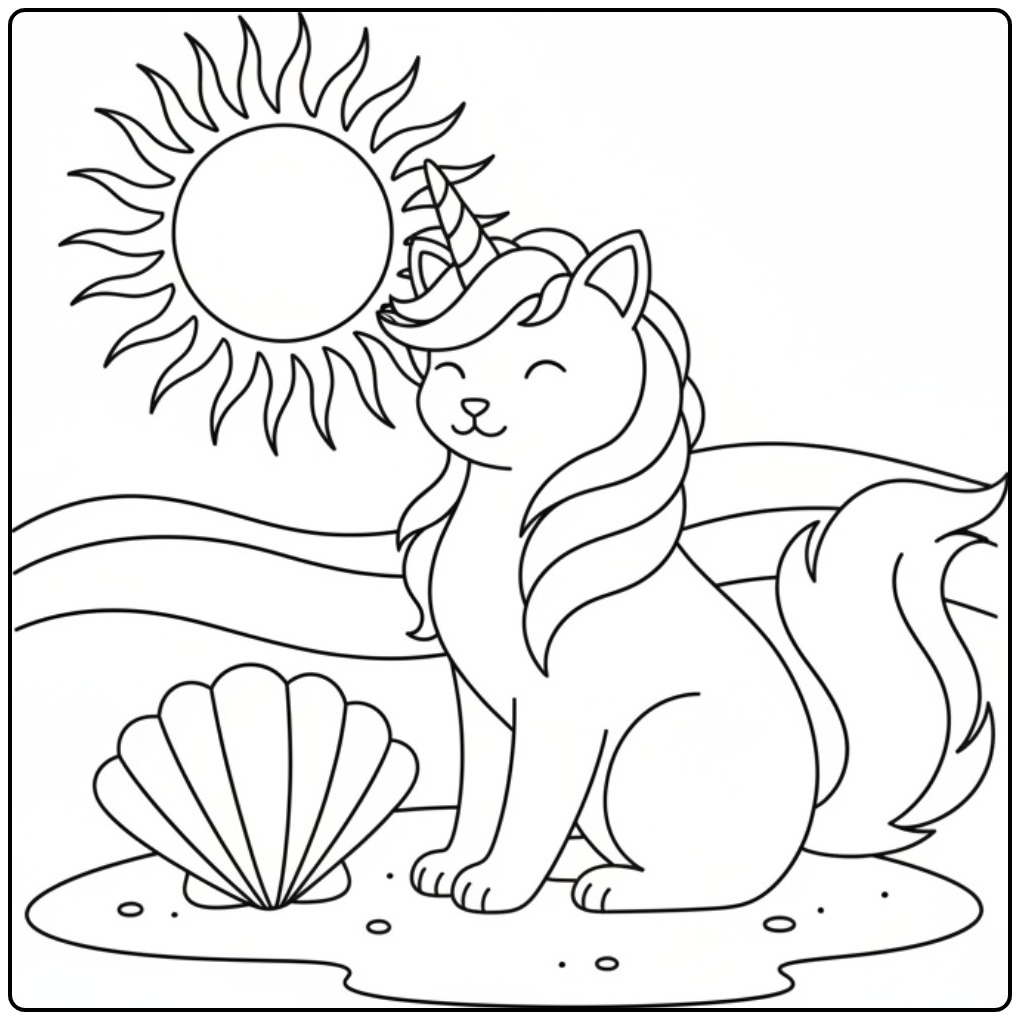 Magical Unicorn Cat the Sea with a Shell coloring page