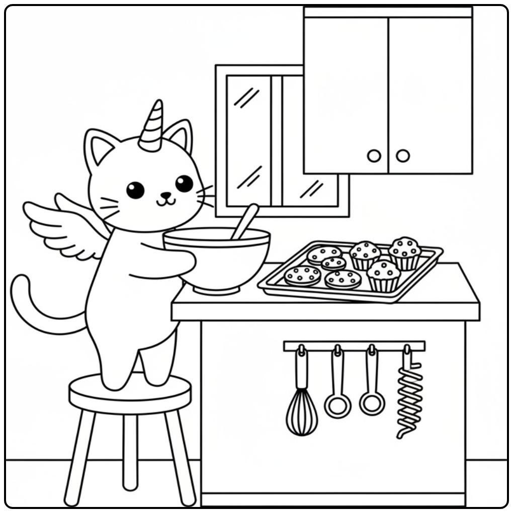 Magical Unicorn Cat in the Kitchen with Cupcakes coloring page