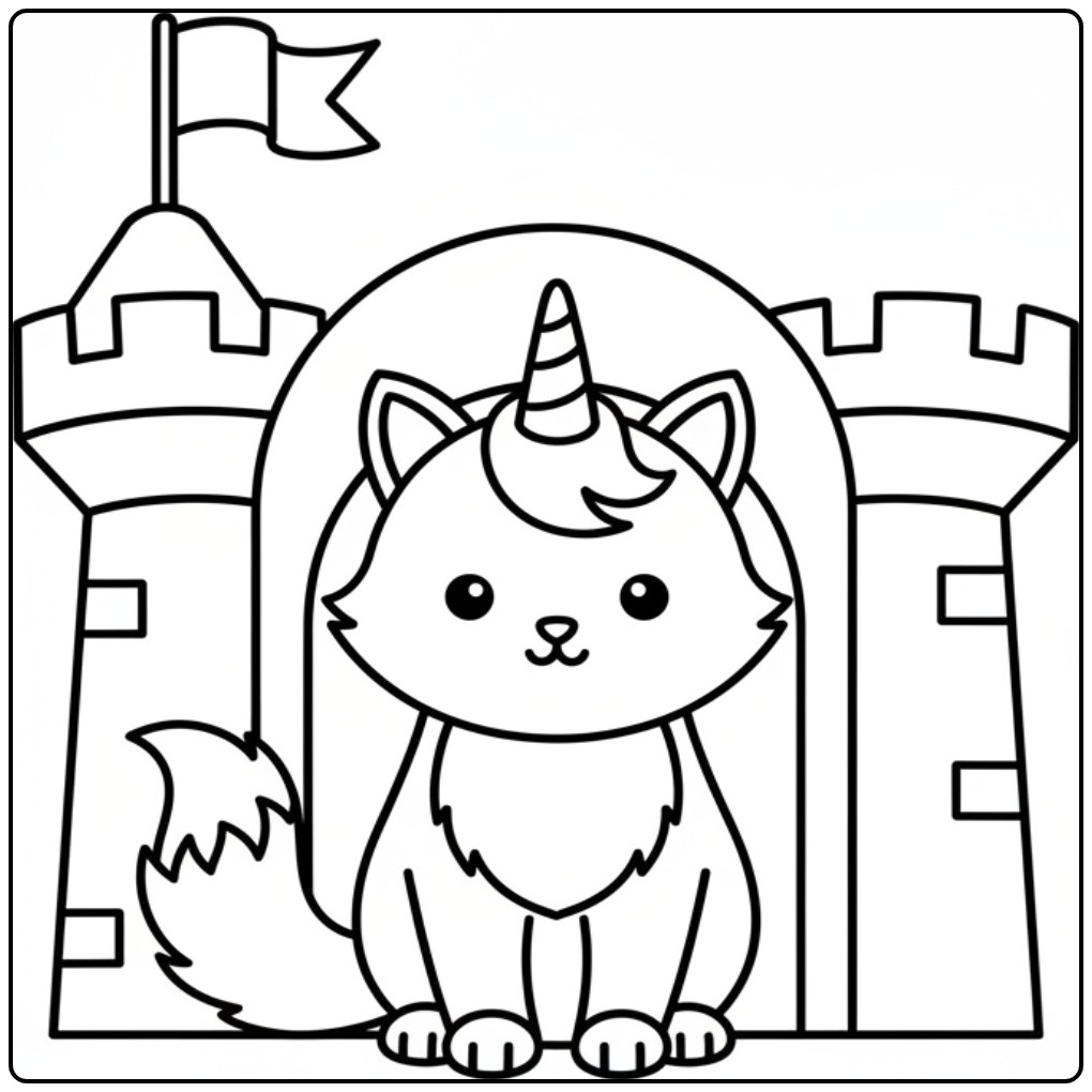 Magical Unicorn Cat a Medieval Fort coloring page