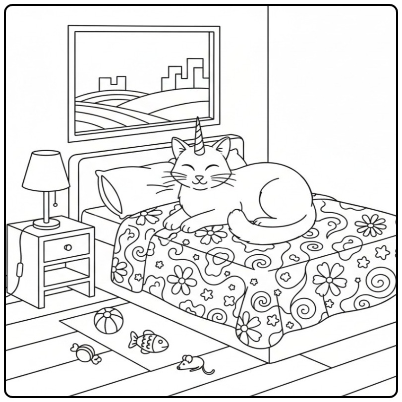 Magical Unicorn Cat on a Cheerful Decorated Bed coloring page