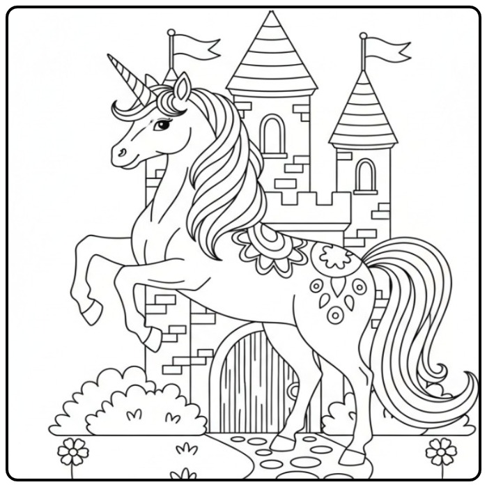 Magical Unicorn Easy with a Fairy-tale Castle coloring page