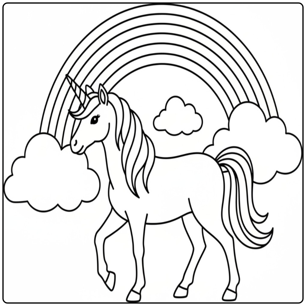 Magical Unicorn Easy with a Big Rainbow coloring page