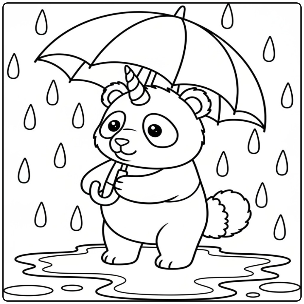 Magical Unicorn Panda in the Rain coloring page