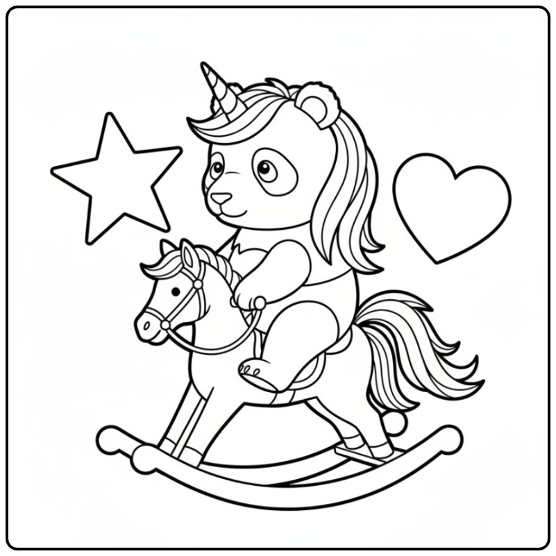 Magical Unicorn Panda on a Rocking Horse coloring page