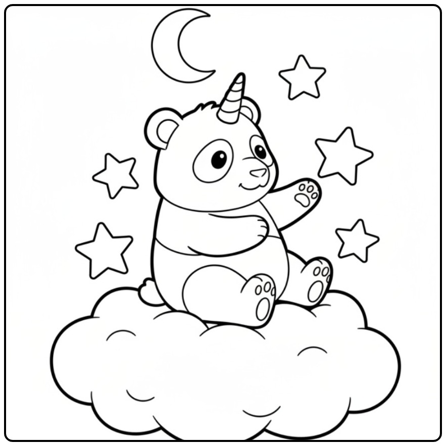 Magical Unicorn Panda Sitting on a Cloud coloring page