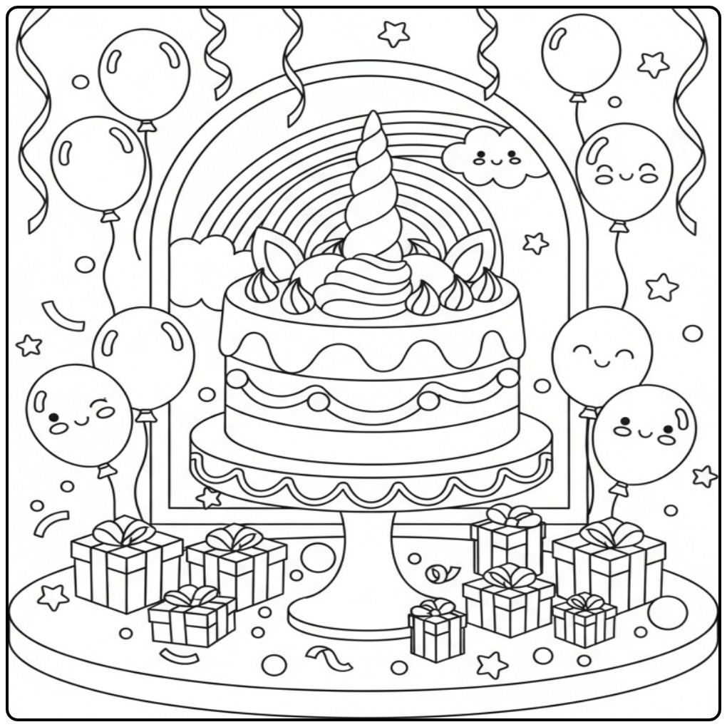 Magical Unicorn Cake and Rainbow for a Party coloring page