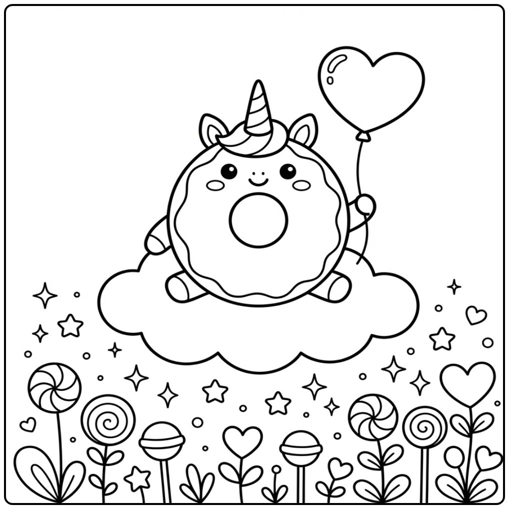 Magical Valentine Donut Unicorn Candies coloring page