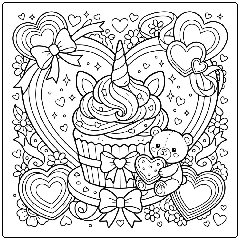 Magical Valentine Unicorn Cupcake 1 coloring page
