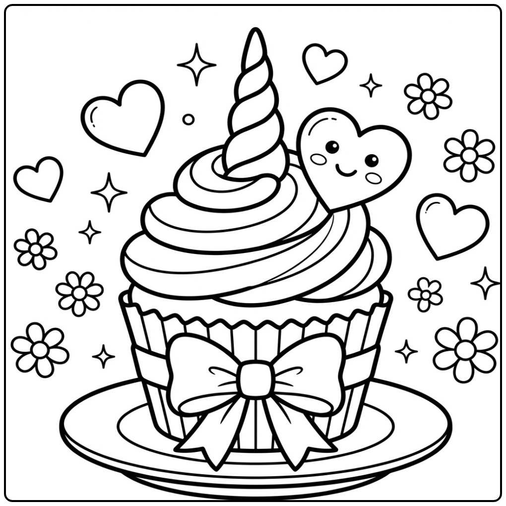 Magical Valentine Unicorn Cupcake coloring page