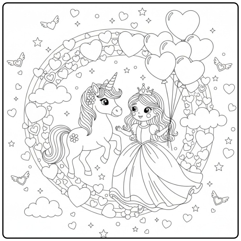 Magical Valentine Hearts Princess Unicorn coloring page