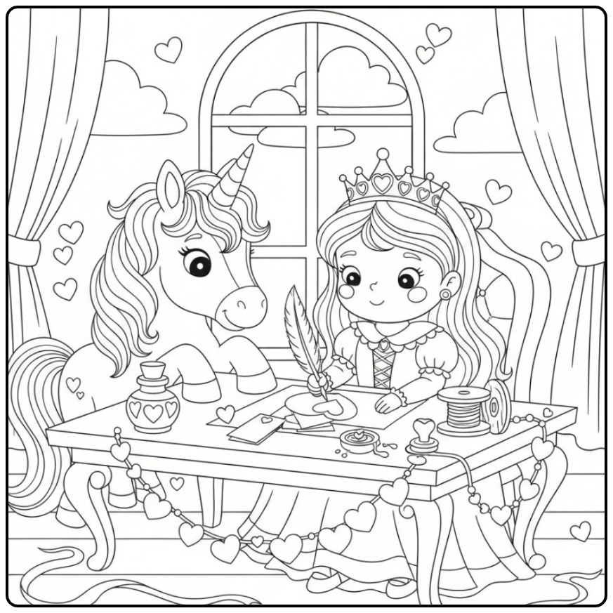 Magical Mail Valentine Hearts Princess Unicorn coloring page