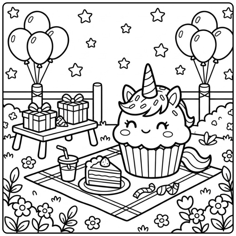 Magical Birthday Unicorn Cupcake Picnic coloring page