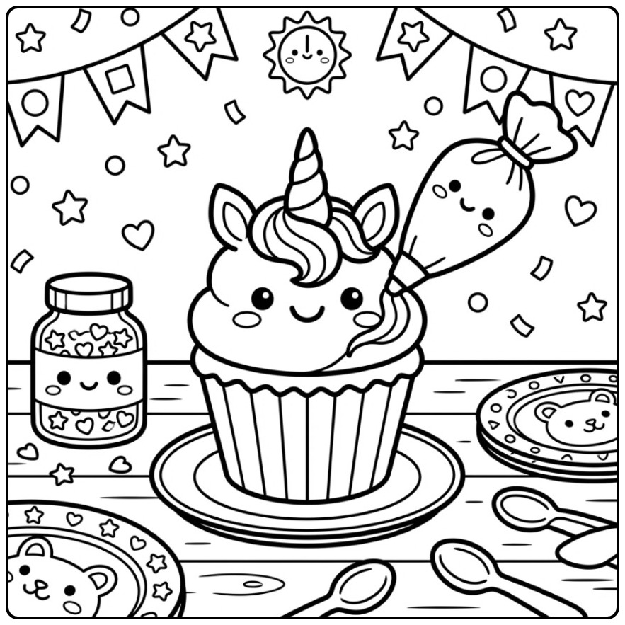 Magical Birthday Unicorn Cupcake for Parties coloring page