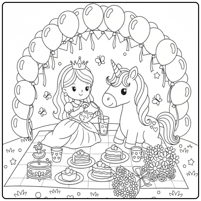 Magical Birthday Princess Unicorn Cake coloring page