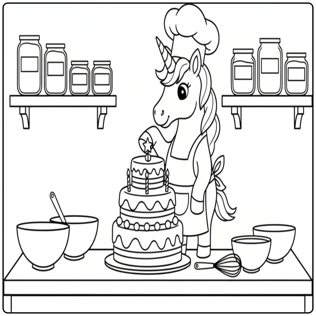 Magical Birthday Cake Unicorn Baking Delicious Taarten coloring page