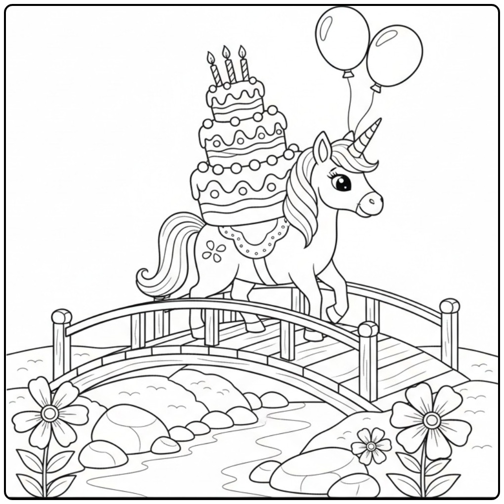 Magical Birthday Cake Unicorn on a Adventure coloring page