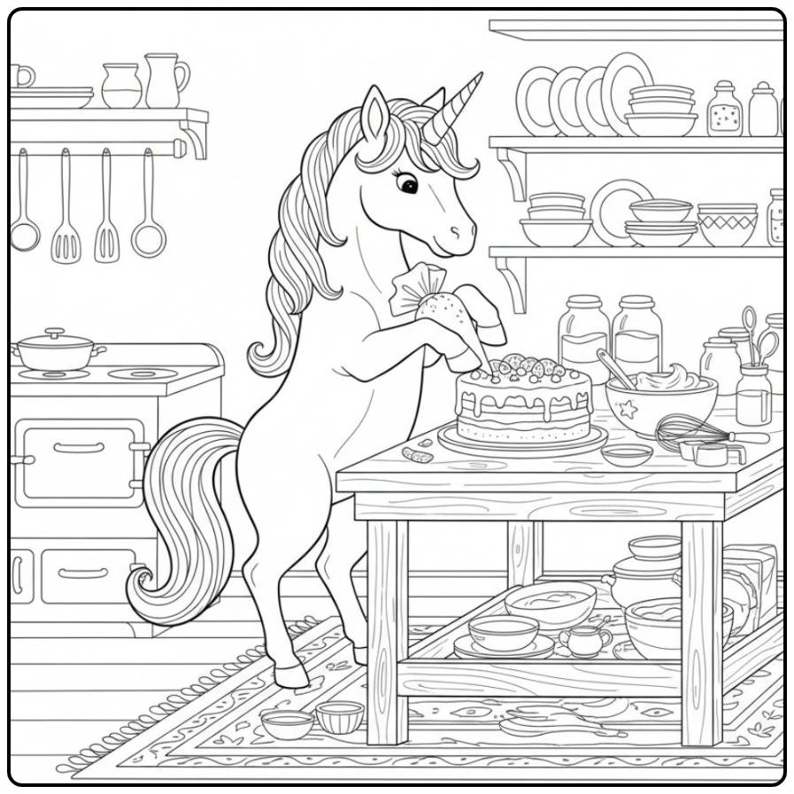 Magical Birthday Cake Unicorn Decorates with Fun coloring page