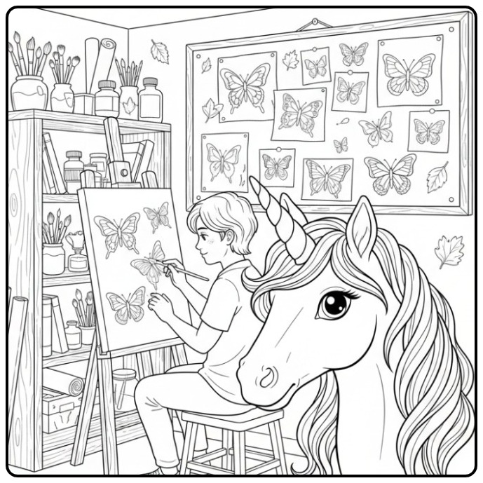 Magical Unicorn Artist Painting Butterflies coloring page