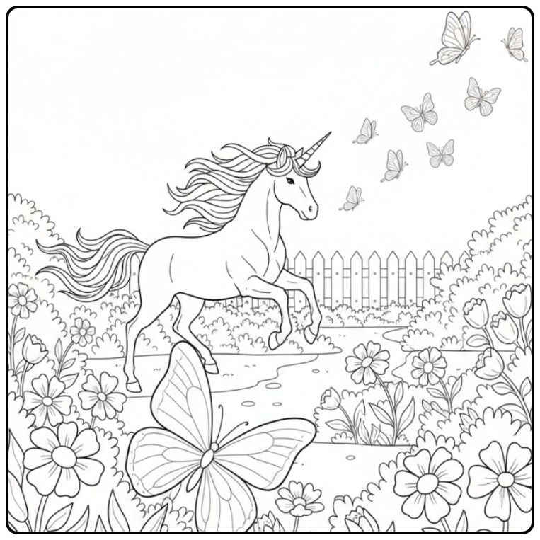 Magical Butterflies Unicorn Adventure in a Flower Garden coloring page