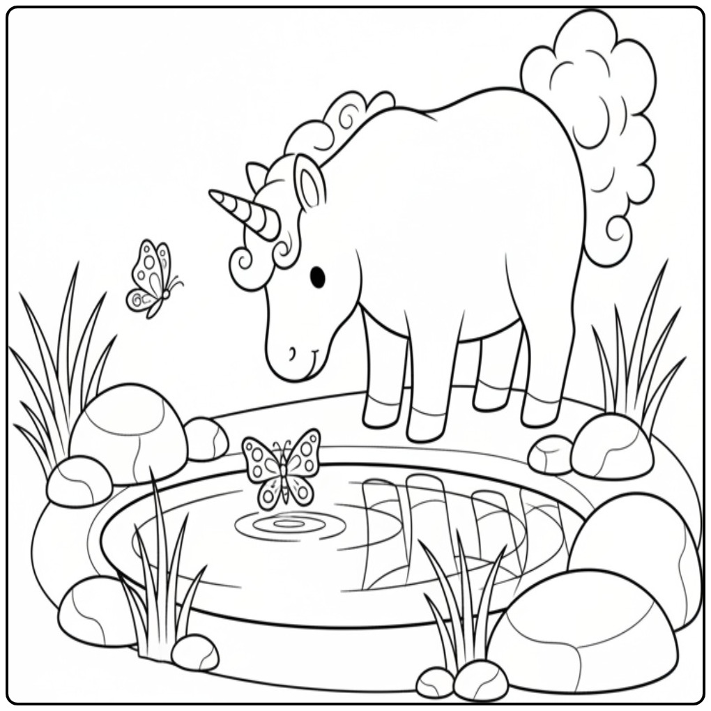 Magical Butterflies Unicorn with the Pond coloring page