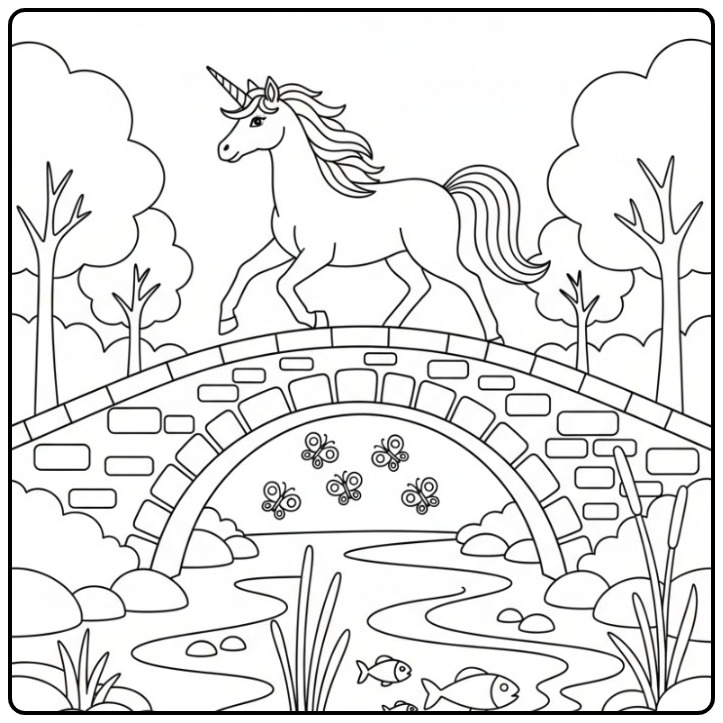Magical Butterflies Unicorn Walking Over Bridge coloring page