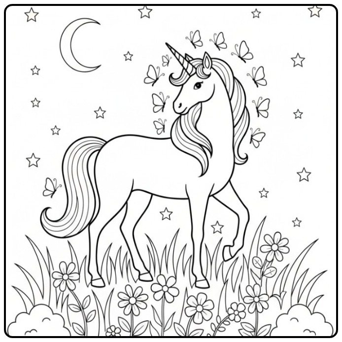Magical Butterflies Unicorn in Flower Field Under the Moon coloring page