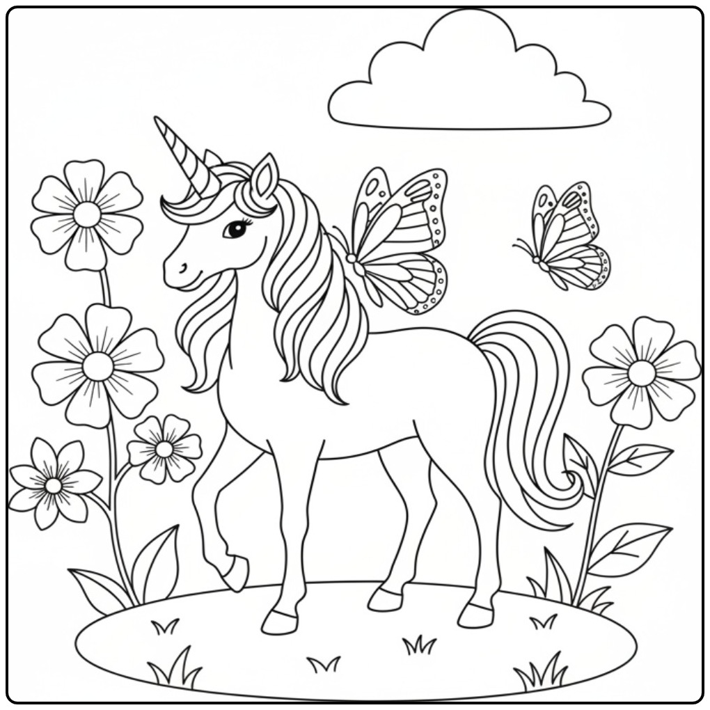 Magical Butterflies Unicorn in Flower-filled Meadow coloring page