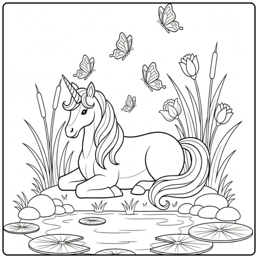 Magical Butterflies Unicorn Ligt Quiet at the Waterside coloring page