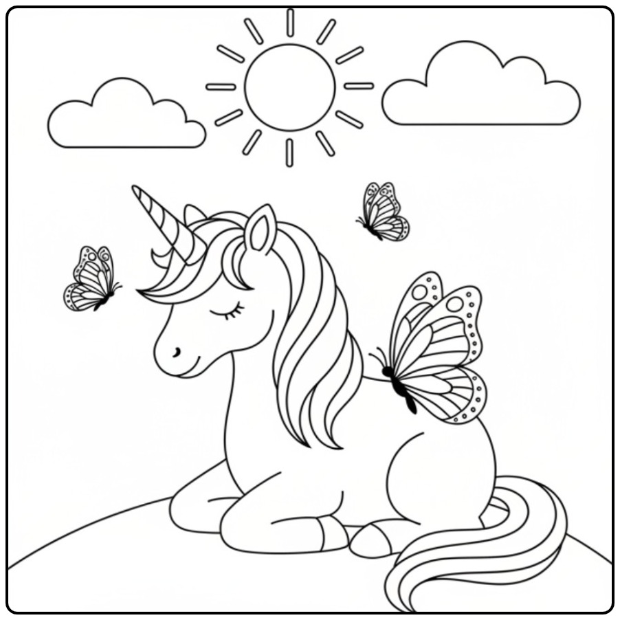 Magical Unicorn with Butterflies Under the Sun coloring page