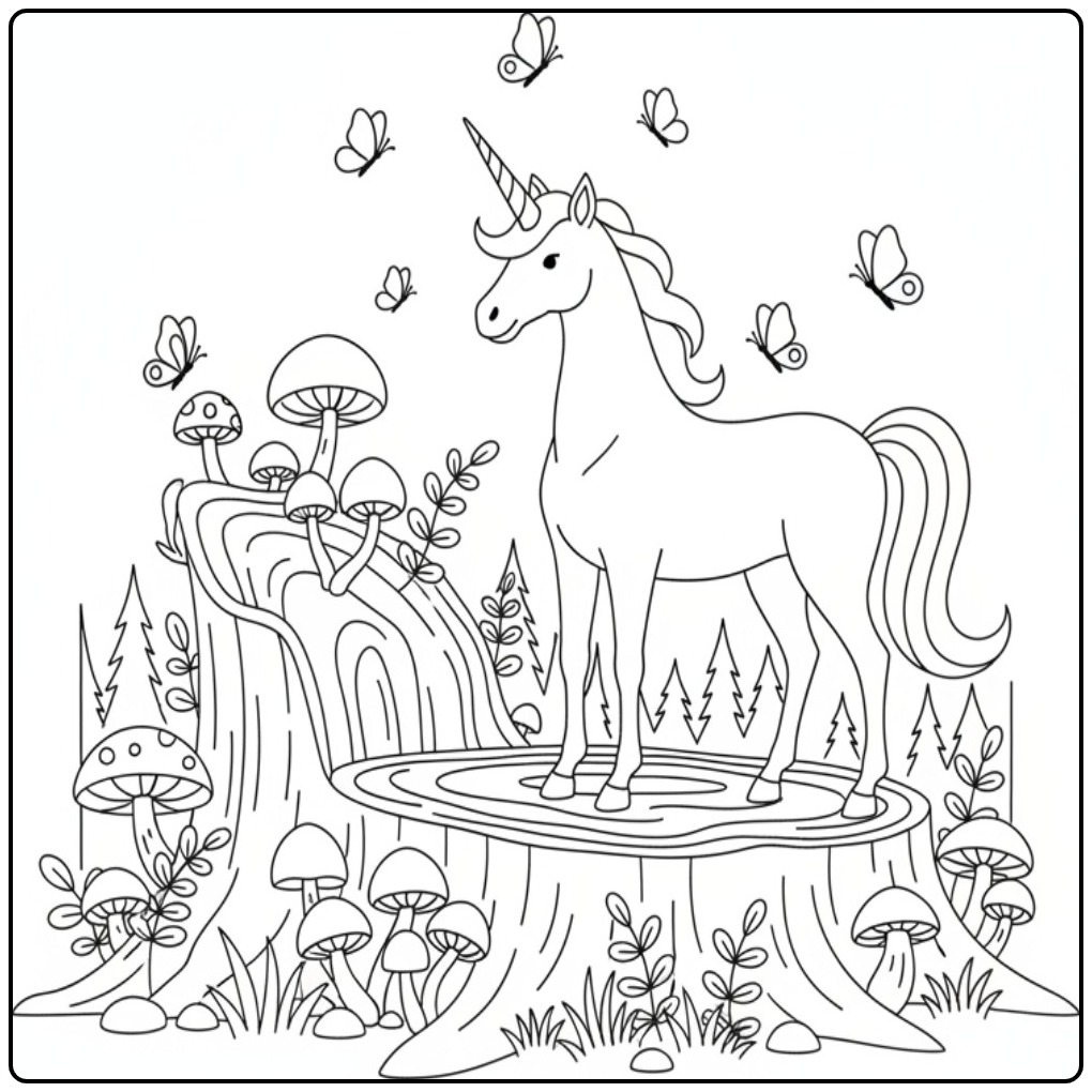 Magical Butterflies Unicorn Among Mushrooms coloring page