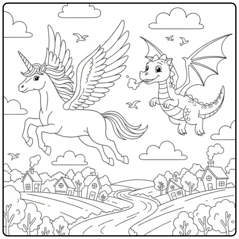 Magical Friends Unicorn with Wings and Dragon coloring page