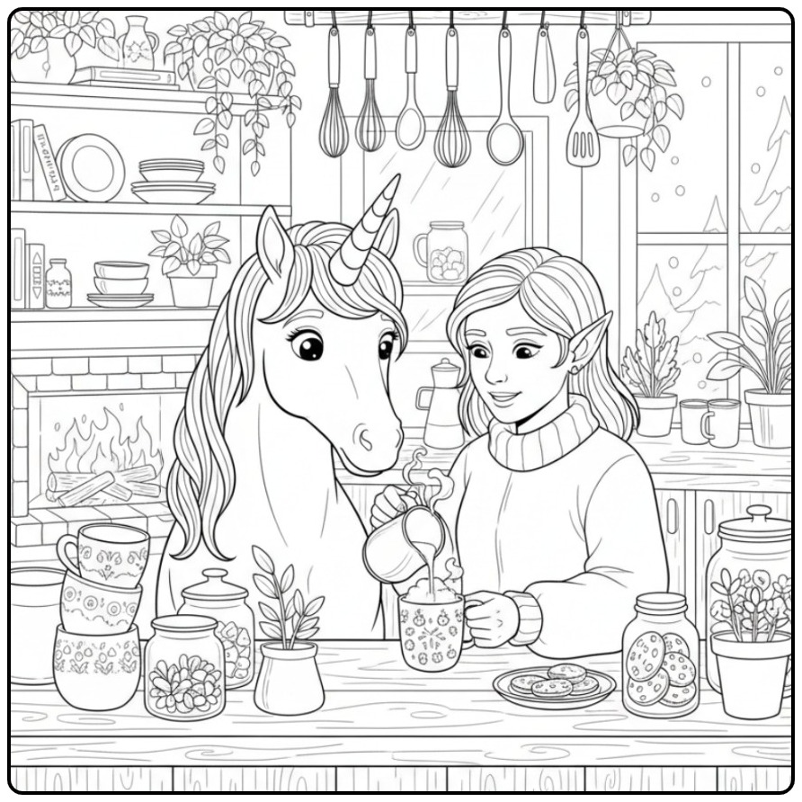 Magical Winter Fairy and Unicorn in the Kitchen coloring page