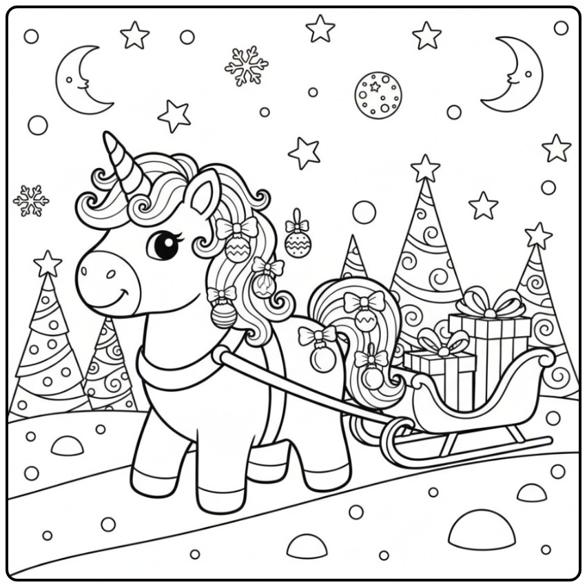 Easy Christmas Unicorn Pulling a Sleigh Full of Gifts coloring page