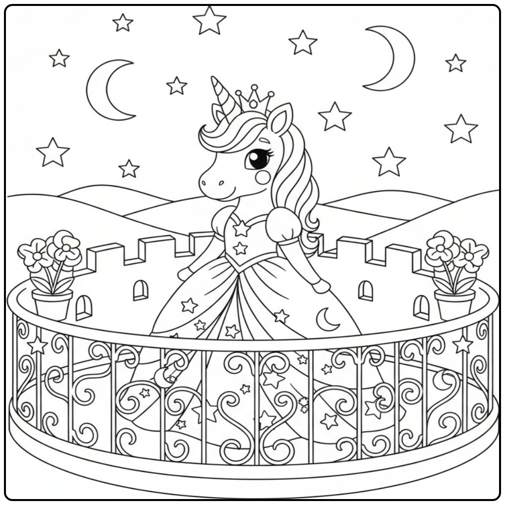 Easy Unicorn Princess Stars and Moons coloring page